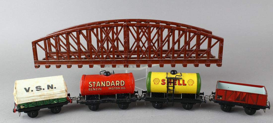 British Tinplate Trix Cars & British Bridge: British Tinplate Trix Cars & British Metal Bridge. Excellent original condition.