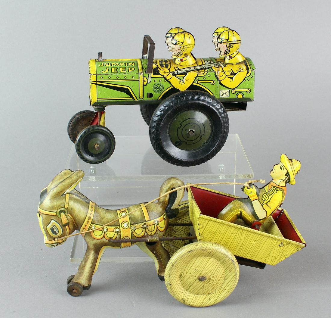 Marx Jumping Jeep & Balky Mule Farmer Cart: Marx Jumping Jeep & Balky Mule Farmer Cart. Working tin wind ups.