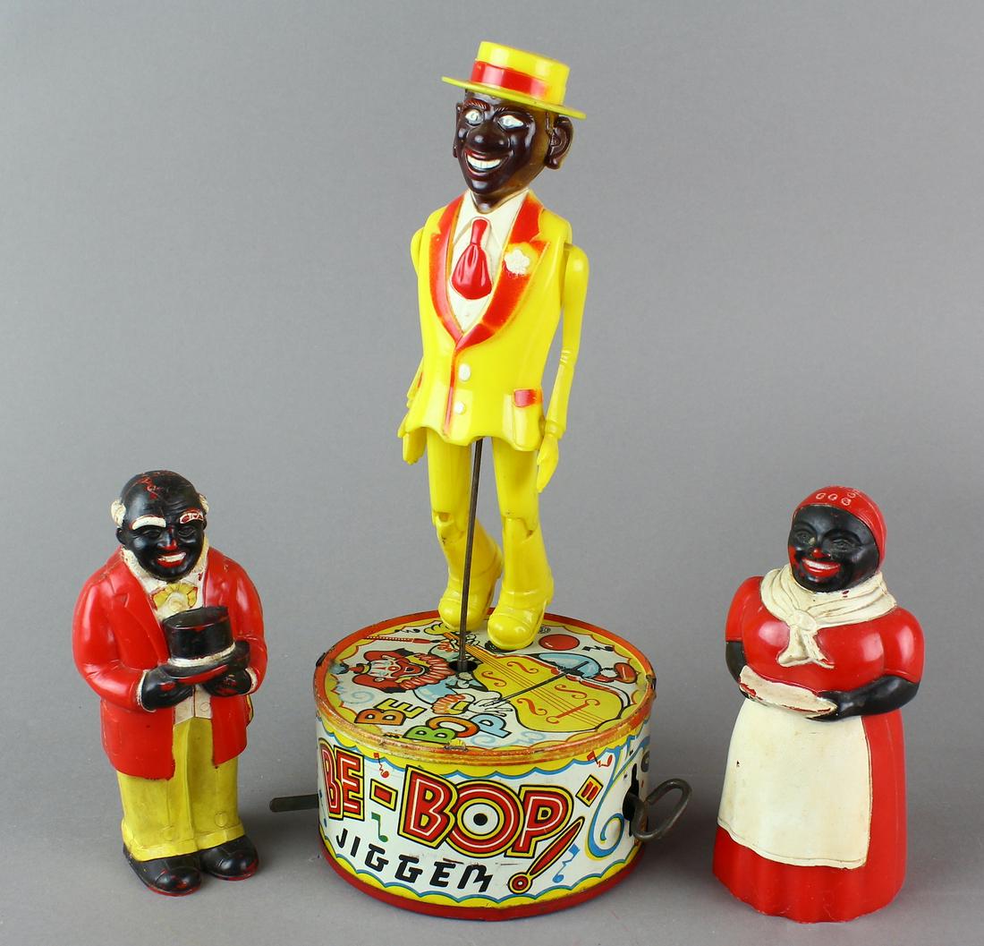 Marx Be-Bop Jigger Wind Up & Mammy Shakers: Colorful Marx Be-Bop Jigger wind up tap dancing toy and Mammy & Butler salt & Pepper shakers. Working toy is 10 1/2 inches tall.