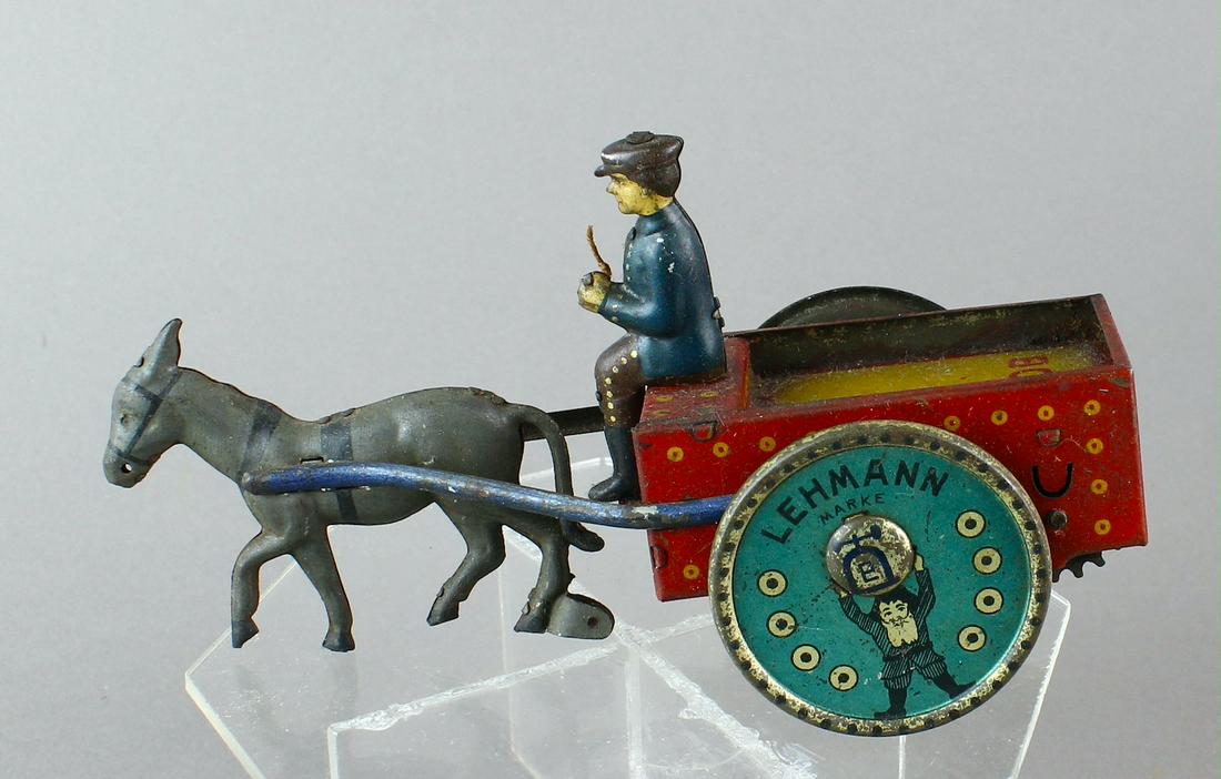 Lehmann German Tin Na-Ob Horse Cart: Lehmann German Tin Na-Ob Horse Cart. Working mule pulling man in cart. Overall wear, 6 inches long.