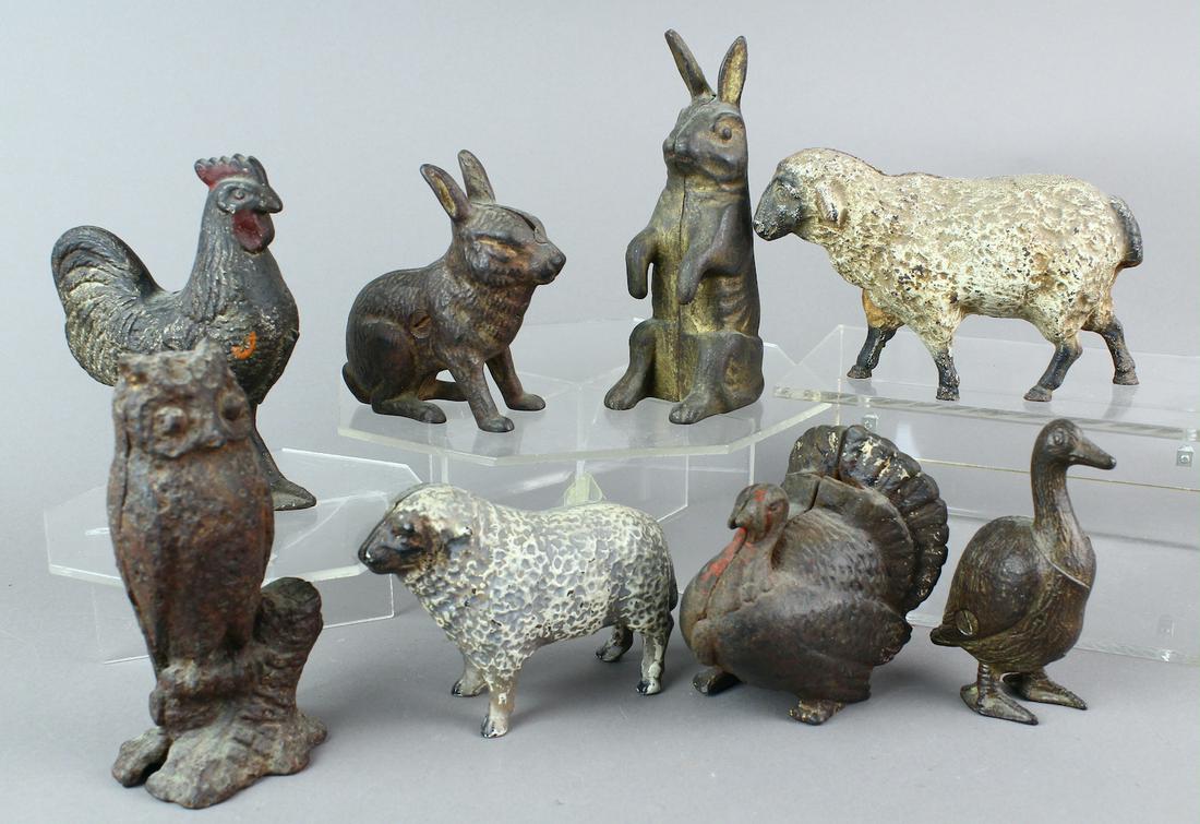 Cast Iron Animal Banks: Cast Iron Animal Banks including turkey, rabbits, chicken.