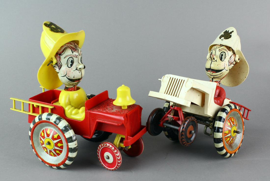 4 Marx Wind Up Tin Toys: 4 Marx Tin Toys. Firemen Crazy Cars, Marx balky mule, & Marx Queen of the campus wind up. One fireman missing a piece of hat, campus car missing 2 passengers. All working.