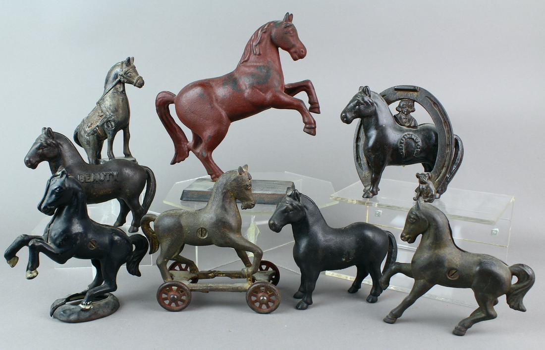 Horse Still Bank Collection Incl Horse on Wheels: 8 Cast Iron Horse banks by AC Williams and others including Lucky, Black Beauty and horse on wheels