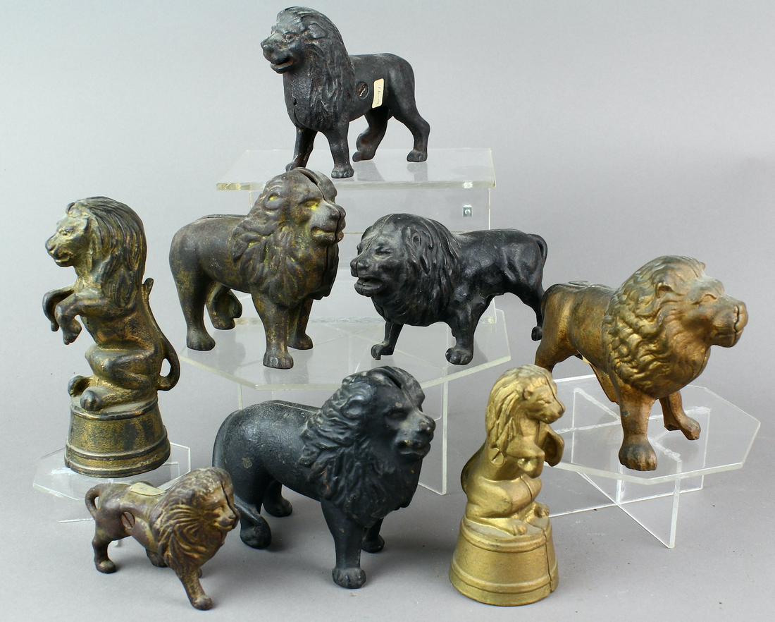 8 Cast Iron Lions Still Banks: 8 Cast Iron Lions Still Bank. Original Williams and others.