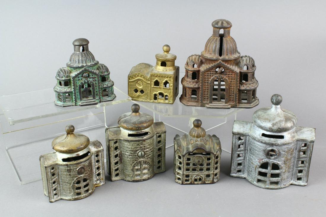 7 Dome Still Bank Buildings: 7 Dome Still Bank Buildings. Cast Iron, Original paint.