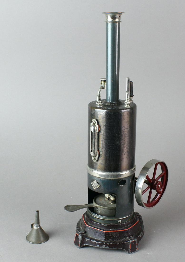 Bing German Vertical Steam Engine: Bing German Vertical Steam Engine with funnel and burner, excellent 12 inches tall.
