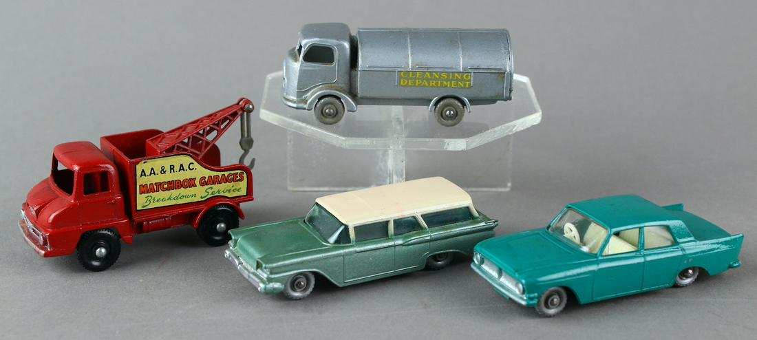 Matchbox Grey Wheels Cars Excellent: Matchbox Grey Wheels & Garage Wrecker. Refuse Collector #36, American Ford Station Wagon #31, Ford Zephyr #33, No.13 Thames Trader Wreck Truck- Matchbox Garage Wreck Truck with black wheels. All Excel