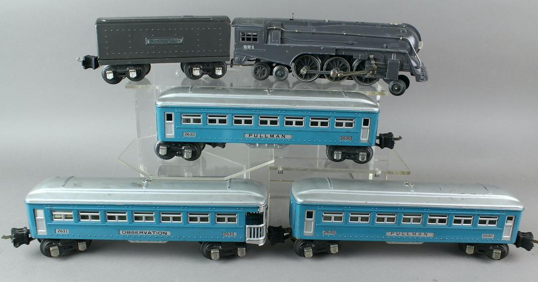 Lionel 221 Dreyfuss Hudson & Passenger 2630, 2631: Lionel 221 Dreyfuss Hudson locomotive, tender & Passenger cars 2 Pulllman # 2630, and one observation #2631. Excellent.\r\n