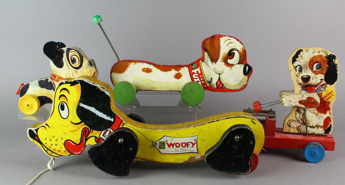 Fisher Price Dogs: Fisher Price Dogs- #700 Woofy 13 inches, #475 Merry Mutt, 444 Fuzzy Fido 11 inches, 333 Butch Dog.