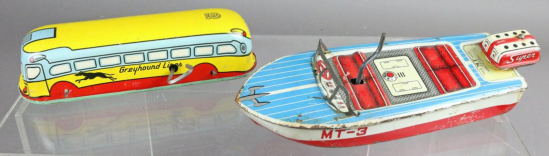 J Chein Greyhound Bus MT Race Boat Tin Japan Lot: J Chein Greyhound Bus MT Race Boat Tin Japan Lot, 2, 8 and 6 i8nches