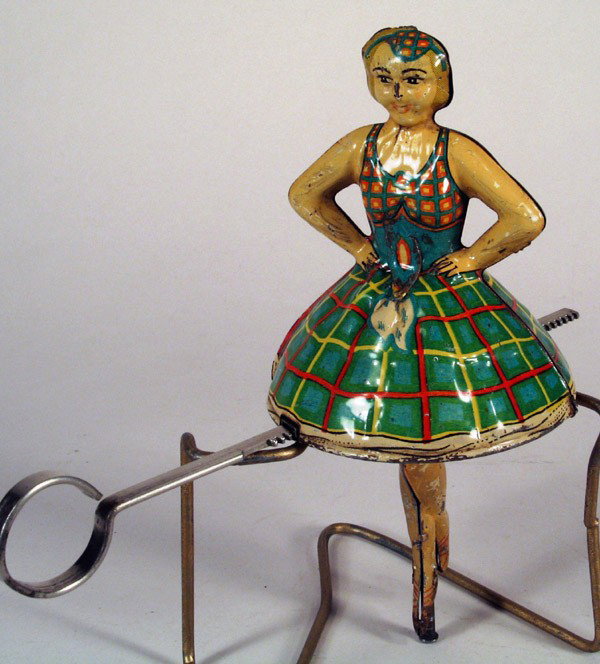 Louis MARX "Gyro" Folk Dancer & Key Early, Works: MARX, early Louis Marx "Gyro" Folk Dancer, mechanical gyro action, pre-war circa 1930. Working Tin Dancer spins when the starter rod is pulled. Modeled after the German Einfalt Scottish Dancer. Works 