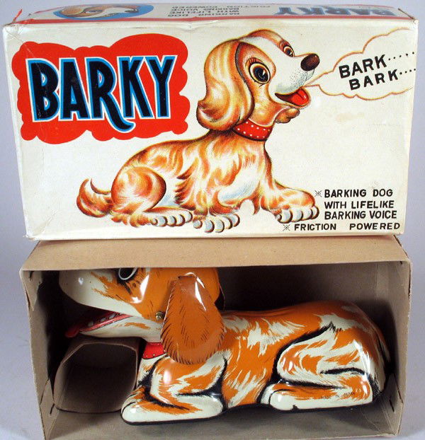 JAPAN: "Barky" Dog tin toy & Box with Barking: JAPAN, "Barky," friction powered, post-war circa 1960. Detailed tin litho dog, moves with friction motor, creates barking sound. Excellent with nice complete box.