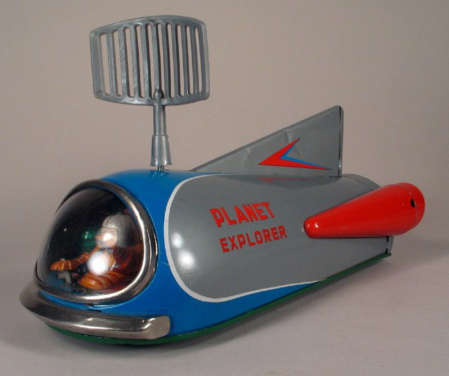 MT (MASUDAYA) Planet Explorer Space Ship: MT (MASUDAYA) (JAPAN): "Planet Explorer," circa 1950s-1960s Japanese tin spaceship. Made by MT Masudaya - Modern Toys of Japan. Space ship has the moving mystery action and the antenna turns while the