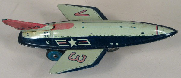 HAJI (JAPAN): HAJI tin Rocket V3, friction 1950s: HAJI (JAPAN): HAJI tin Rocket V3, friction powered, circa 1950s, under 6 inches long.