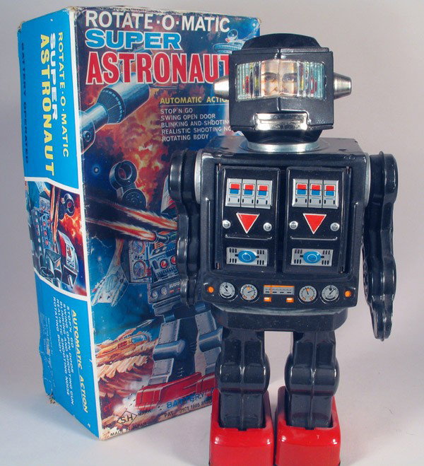 HORIKAWA: Rotate O Matic Super Astronaut &Box: HORIKAWA (JAPAN): Rotate O Matic Super Astronaut in the original box, battery operated, circa 1970. Great space toy with tin litho body. Multiple actions, robot walks and turns 360 degrees while shoot