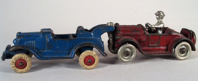 HUBLEY & KILGORE LOT: Roadster & Tow Truck: HUBLEY & KILGORE LOT: Cast iron lot. Cast iron Kilgore two seat roadster with driver, and Hubley tow wrecker truck. Original paint.