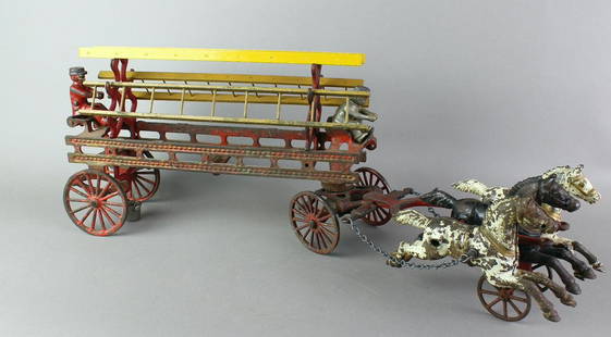 Dent Cast Iron Fire Ladder Wagon: 3 Horse drawn ladder wagon from Dent Toys and Hardware of Fullerton, PA c.1910. Fine with paint wear.