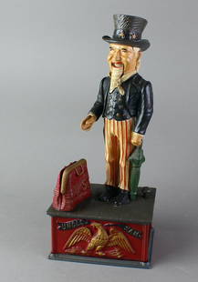 Uncle Sam Mechanical Bank BOK: Uncle Sam Mechanical Bank BOK. Book of Knowledge exact reproduction mechanical banks in pristine condition. BOK used the original castings and colors from prominent bank collections and created limite