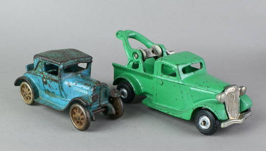 Arcade Cast Iron Rumble Seat Coupe & Wrecker: Arcade Cast Iron Rumble Seat Coupe & Ford Wrecker tow truck. Longest 6 1/2 inches.