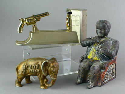 3 Original Mechanical Banks: Cast iron Tammany Hall Bank, J.E. Stephens Cromwell, CT 1870s, GOP elephant, and Duro Shooting bank. Wear to Stevens bank, all original.