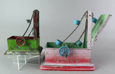 Pair of Bing German Tin Water Wheel Steam Toys: Bing German Tin Water Wheel Steam Toys. Buckets pump water out of well.