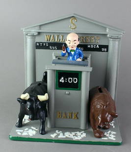 Reynolds Toys Wall Street Mechanical Bank: Reynolds Toys Wall Street Mechanical Bank. Made for the annual MBCA Convention. Place a coin on his table and market man gavels the opening of the markets and the coin falls to either the Bull\"