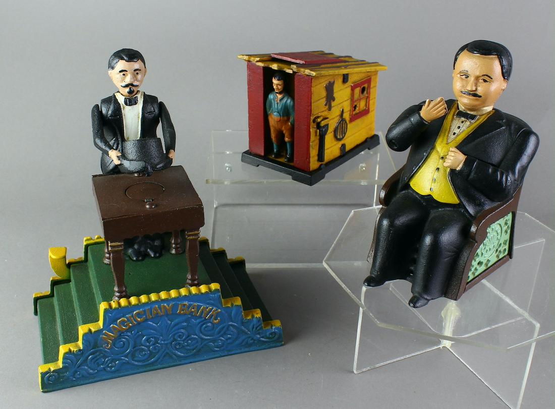 Magician, Cabin, & Tammany Mechanical Banks BOK: 3 Pristine Mechanical banks- Magician, Cabin, & Tammany Hall Mechanical Banks. Book of Knowledge exact reproduction mechanical banks in pristine condition. BOK used the original castings and colors fr