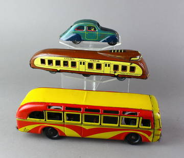 Tin Toys Car, Bus & Train: 3 Tin Vehicles Pre and Post War. Streamlined Golden Streak Deco wind up train made in England. Graphic Bus made in Portugal, and French Tin Coupe with integral driver and passenger. Bus wind up workin