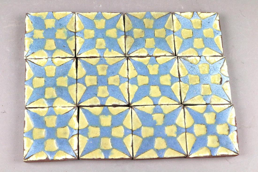 Grueby Blue Yellow 3x3 Tile Lot, 12: Grueby Blue Yellow 3x3 Tile Lot, 12
