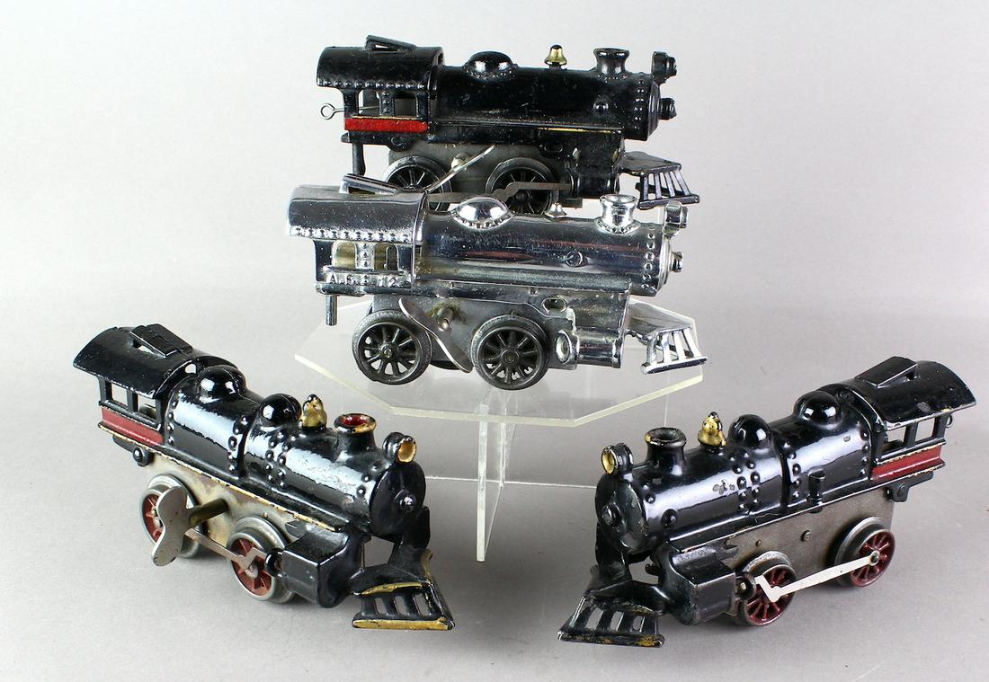 American Flyer Cast Iron Locomotives Including Chrome: American Flyer Cast Iron Locomotives. Clockwork engines one chrome plated.