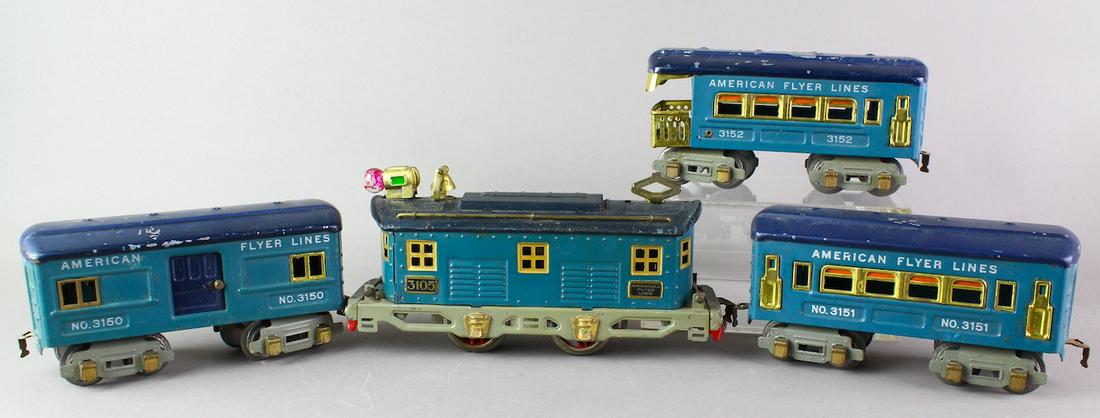 American Flyer 3105 Locomotive & Cars Set: American Flyer 3105 Locomotive & 3150 Baggage, 3151 Passenger, 3152 Observation cars.