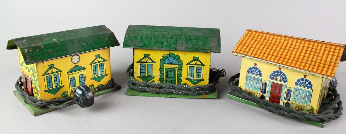 Tom Thumb Powerhouse Stations: Tom Thumb Powerhouse Stations. Two marked Tom Thumb powerhouse stations and one unmarked powerhouse station. Scarce tinplate stations.