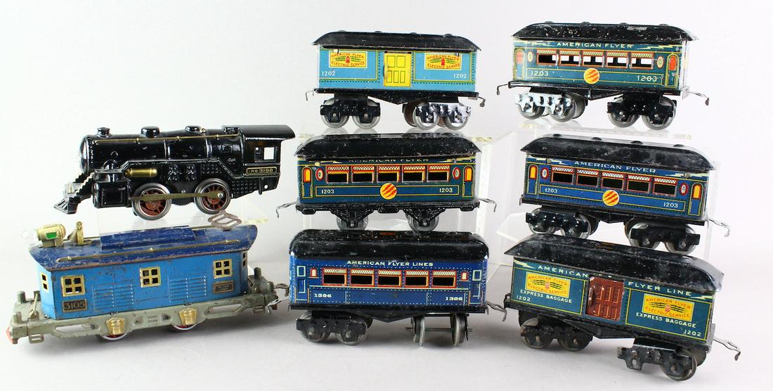 American Flyer 3198 & 3105 Locos & 6 Cars: American Flyer 3198 & 3105 Locomotives & 6 Cars. 1202 Baggage cars, 1203, 1306 Passenger cars.