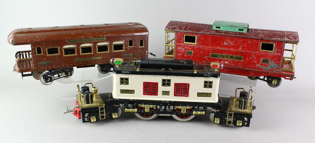 Lionel No. 8 Locomotive Standard G & Ives Cars: Lionel No. 8 Locomotive Standard Gauge & Ives Cars. Ives cars are original, Loco appears repainted.