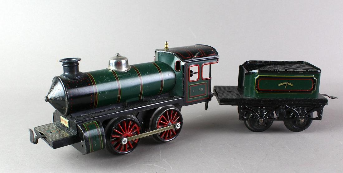 Bing German Tin Locomotive I 48 & Tender G1: Bing painted tin clockwork windcutter I=48 locomotive and tender, gauge 1, 0-4-0 European profile engine and four-wheel tende