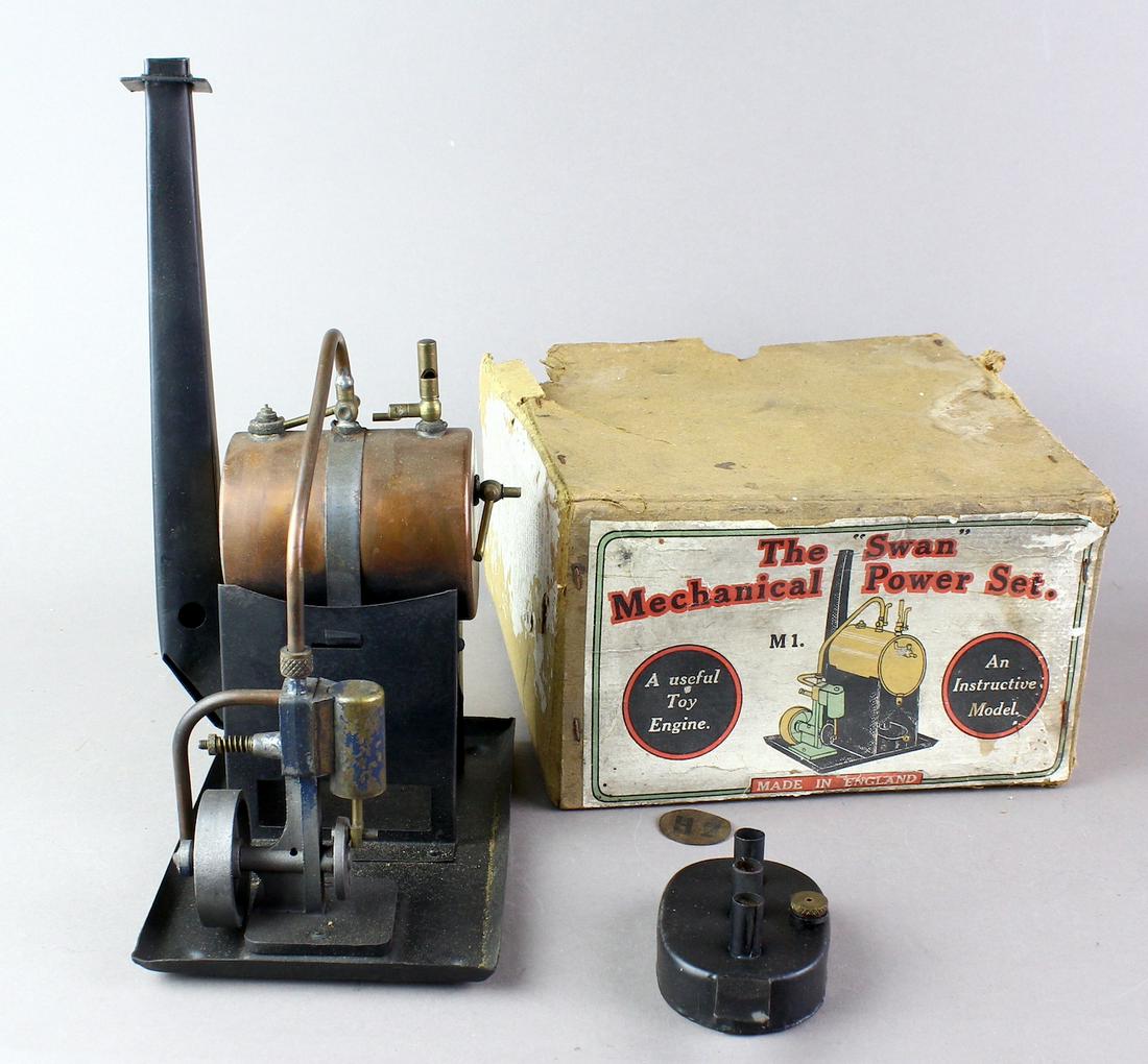 Steam Engine Plant The Swan in Box: Steam Engine Plant in Box. Unusual Made in England steam engine with boiler in the box- "the Swan". Never saw this one, possibly early Meccano.