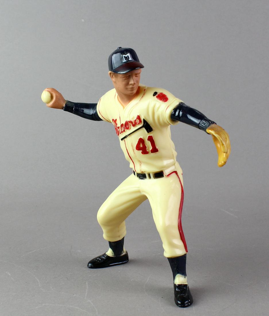 1950s Hartland Eddie Mathews Braves Baseball Statue: 1950s Hartland Eddie Mathews Baseball Statue. Braves #41 pitcher statue made by Hartland Plastic Inc. 7 1/2 inches tall.