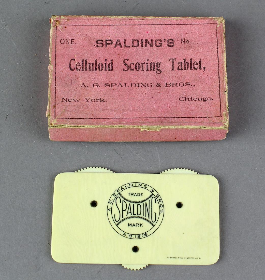 1880s Spalding Baseball Scoring Tablet In BOX: 1880s Spalding Baseball Scoring Tablet In BOX. Excellent original baseball score keeper by Spalding in an impossible to find original box.