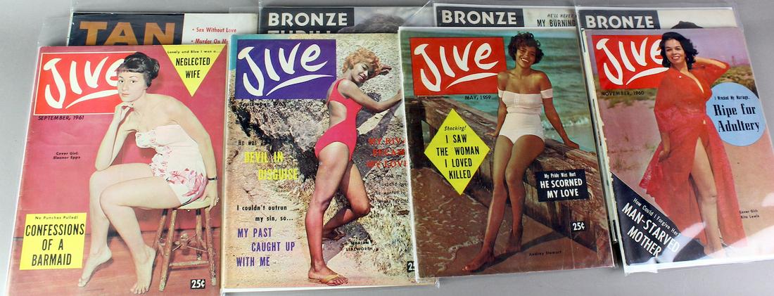 1960 Black Exploitation Magazines- Jive, Bronze Thrills &: 1960 Black Exploitation Magazines- Jive, Bronze Thrills & Tan Confessions. Pulp type magazine stories with African American covers and audience. All in excellent condition.