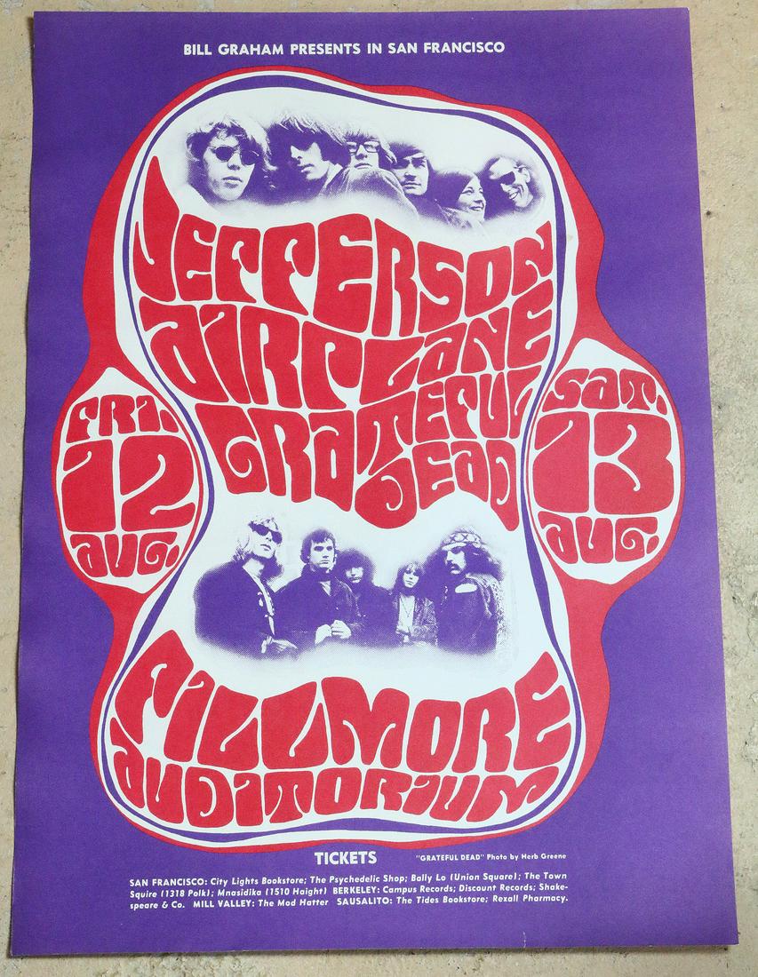 Jefferson Airplane Grateful Dead Poster 1960's printing: Jefferson Airplane Grateful Dead Poster 1960\'s printing 20 inches
