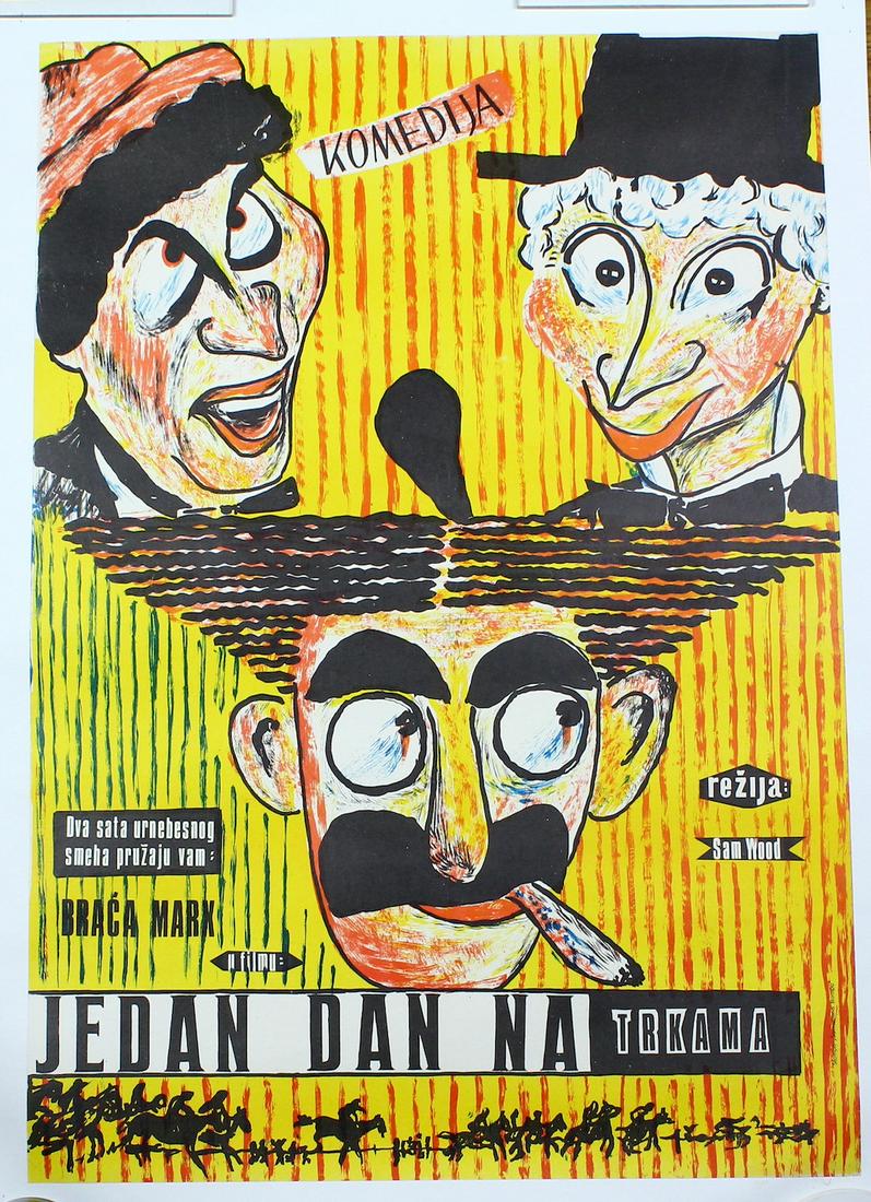 Marx Brothers Day at the Races Movie Poster Poland: Marx Brothers Day at the Races Movie Poster Poland/Yugoslavia. Bright graphic poster of the famous 1937 Marx Bros. movie. Linen backed, excellent condition 27" X 19" inches. Directed by Sam Wood, Star