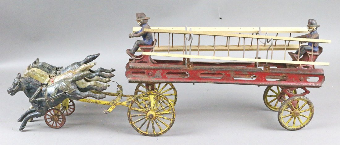 Cast Iron 3 Horse Drawn Ladder Wagon 20 Inches: Cast Iron 3 Horse Drawn Ladder Wagon 20 Inches long.