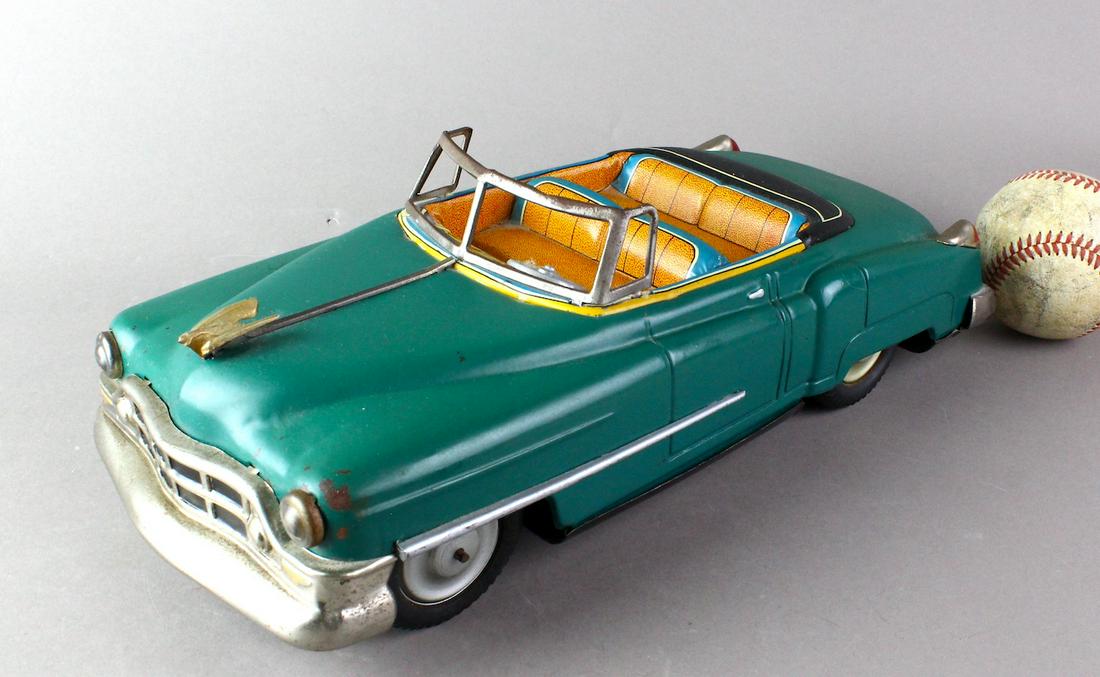 1950s Japan Tin Convertible Huge Chrysler: Large Tin convertible Chrysler? 13 inches. Very fine winged hood ornament, large friction car.