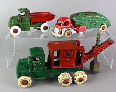 Hubley Cast Iron Construction Trucks: Hubley Cast Iron General steam shovel, Mack dump truck and Motor Express truck. General has cab repaint, others original. Longest 10 inches. Dump truck and General have integral drivers and figure.