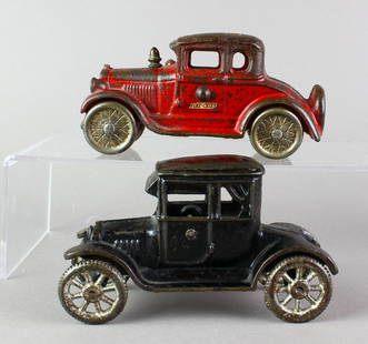 A C Williams Rare Fire Chief & Coupe with Side Curtains: A.C. Williams Fire Chief car and Ford Coupe with side window curtains. 2 Scarce Williams Autos, 5-6 inches.