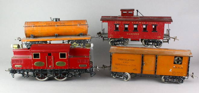 Ives Standard Gauge Engine & Cars: Ives standard gauge 3241R electric loco nicely restored and original #190 Texas Oil Tanker, Santa Fe Refrigerated freighter, and #195 Caboose.