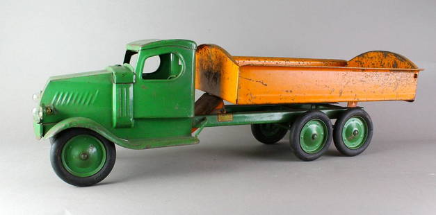 1930 Turner Mack Truck w/Headlights: 1930 Pressed Steel Turner Mack Dump Truck. All original working dump truck, 26 inches.