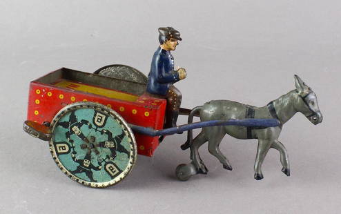 Lehmann Tin Wind Na-Ob Horse Cart: 1913 Lehmann German Tin Na-Ob Donkey Cart and Driver original Working Wind Up- 6 1/2 inches long.\r\n