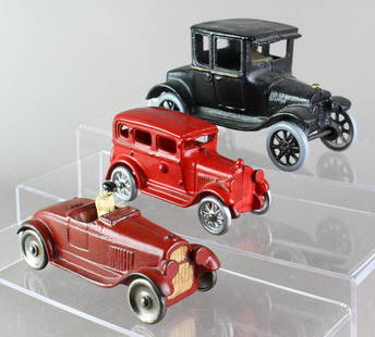 Cast Iron Arcade & Kilgore Cast Iron Cars: 1920s Arcade Ford Coupe and 1930s Kilgore Open roadster and sedan. Longest 6 1/2 inches, all repainted.