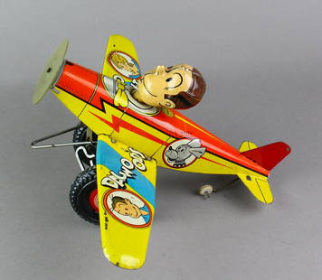 Marx Tin Dagwood Solo Flight Airplane: 1930s Marx tin windup Dagwood Solo Flight Airplane. Excellent original working tin toy with great comic character graphics including Blondie, Daisy, and Cookie, 12 inches.